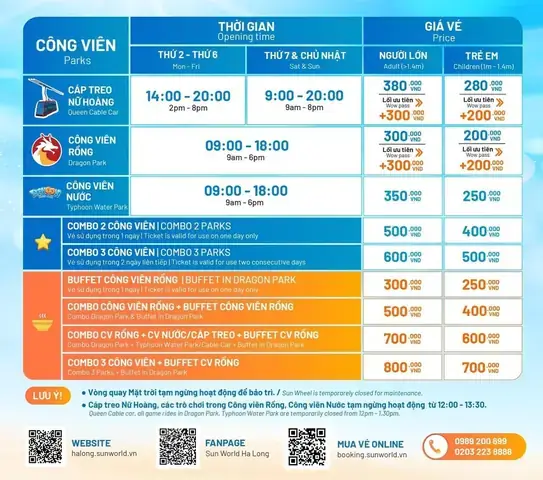 Bảng Giá Vé Vào Công Viên Nước Sun World Hạ Long 2026: Người Lớn, Trẻ Em, Combo Và Giờ Mở Cửa
