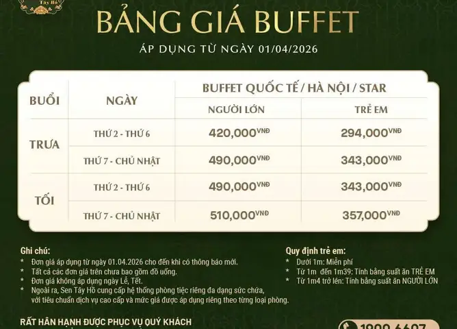 Cập Nhật Bảng Giá Buffet Sen Tây Hồ Mới Nhất 2026 Theo Từng Khu Vực