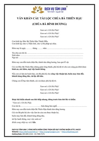 Văn Khấn Chùa Bà Bình Dương Chuẩn Nhất: Bài Cúng Thiên Hậu Thánh Mẫu Cầu Tài Lộc, Bình An